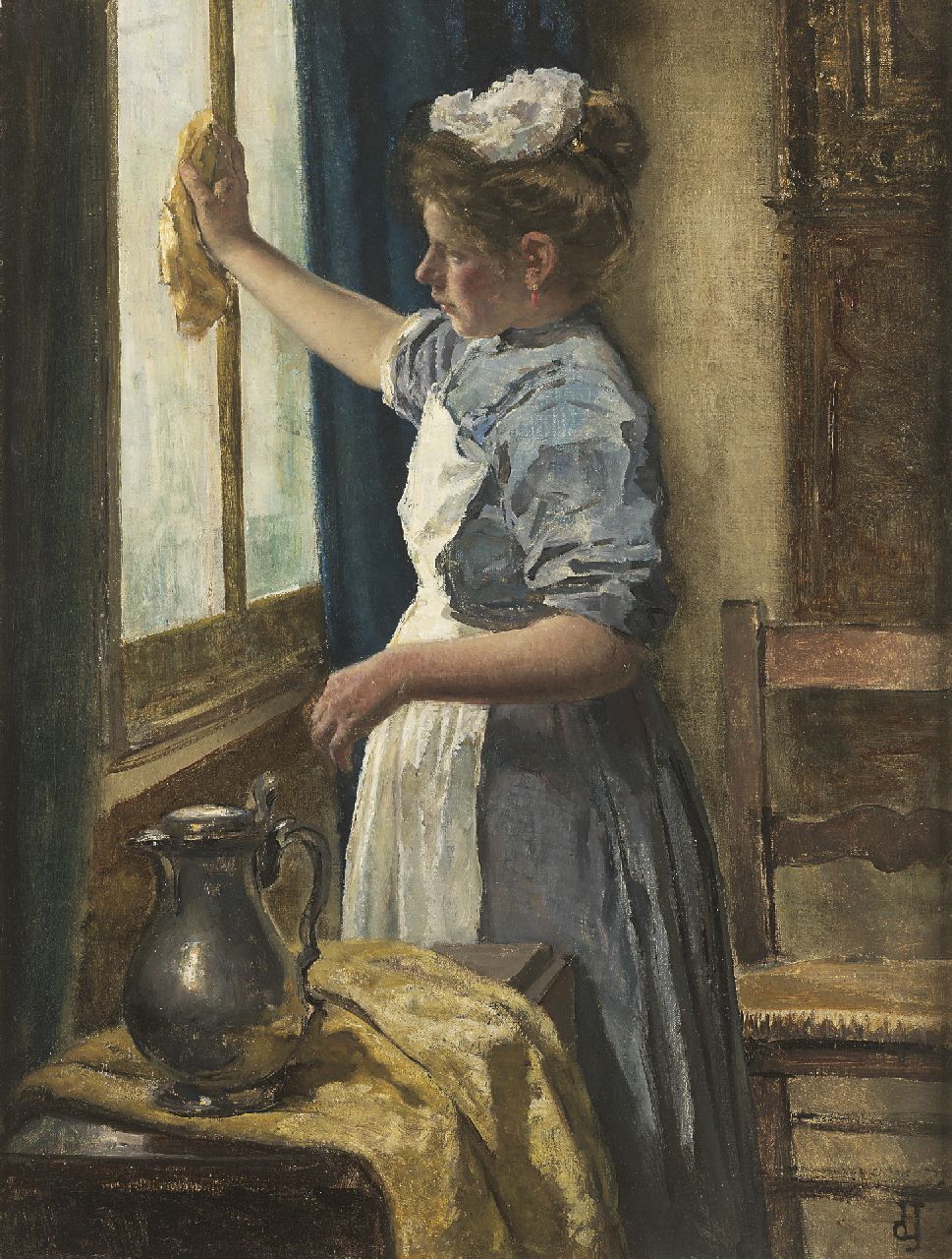 Jonge J.A. de | Johan Antoni de Jonge, Cleaning the windows, oil on canvas 67.9 x 51.5 cm, signed l.r. with monogram