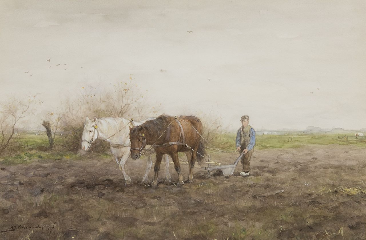 Groenewegen A.J.  | Adrianus Johannes Groenewegen | Watercolours and drawings offered for sale | Ploughing farmer, watercolour on paper 35.2 x 52.4 cm, signed l.l.