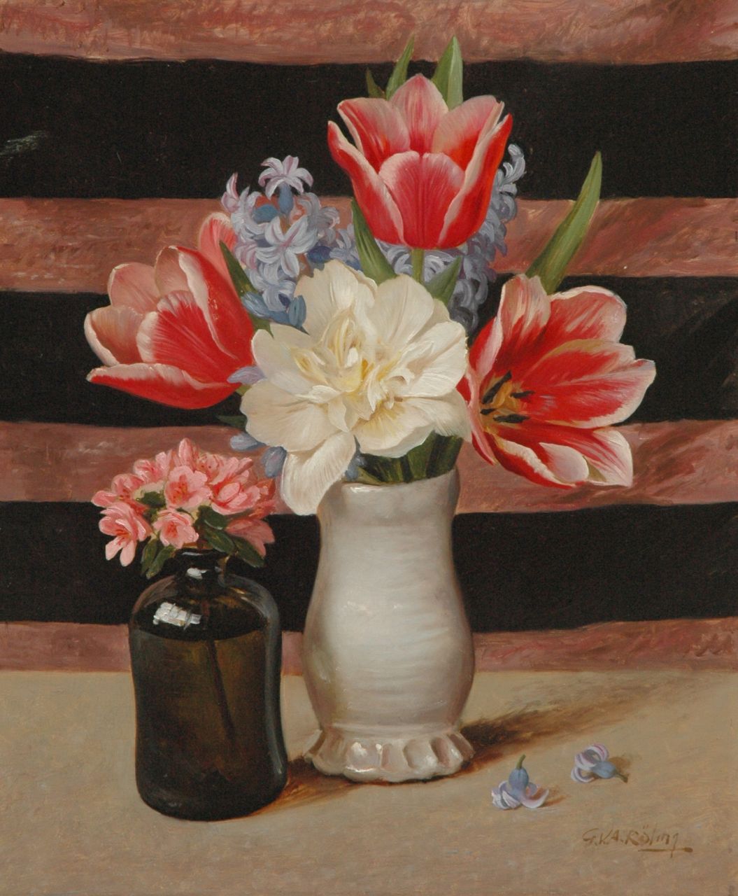 Röling G.V.A.  | Gerard Victor Alphons 'Gé' Röling, A still life with tulips and hyacinth, oil on board 45.6 x 37.7 cm, signed l.r.