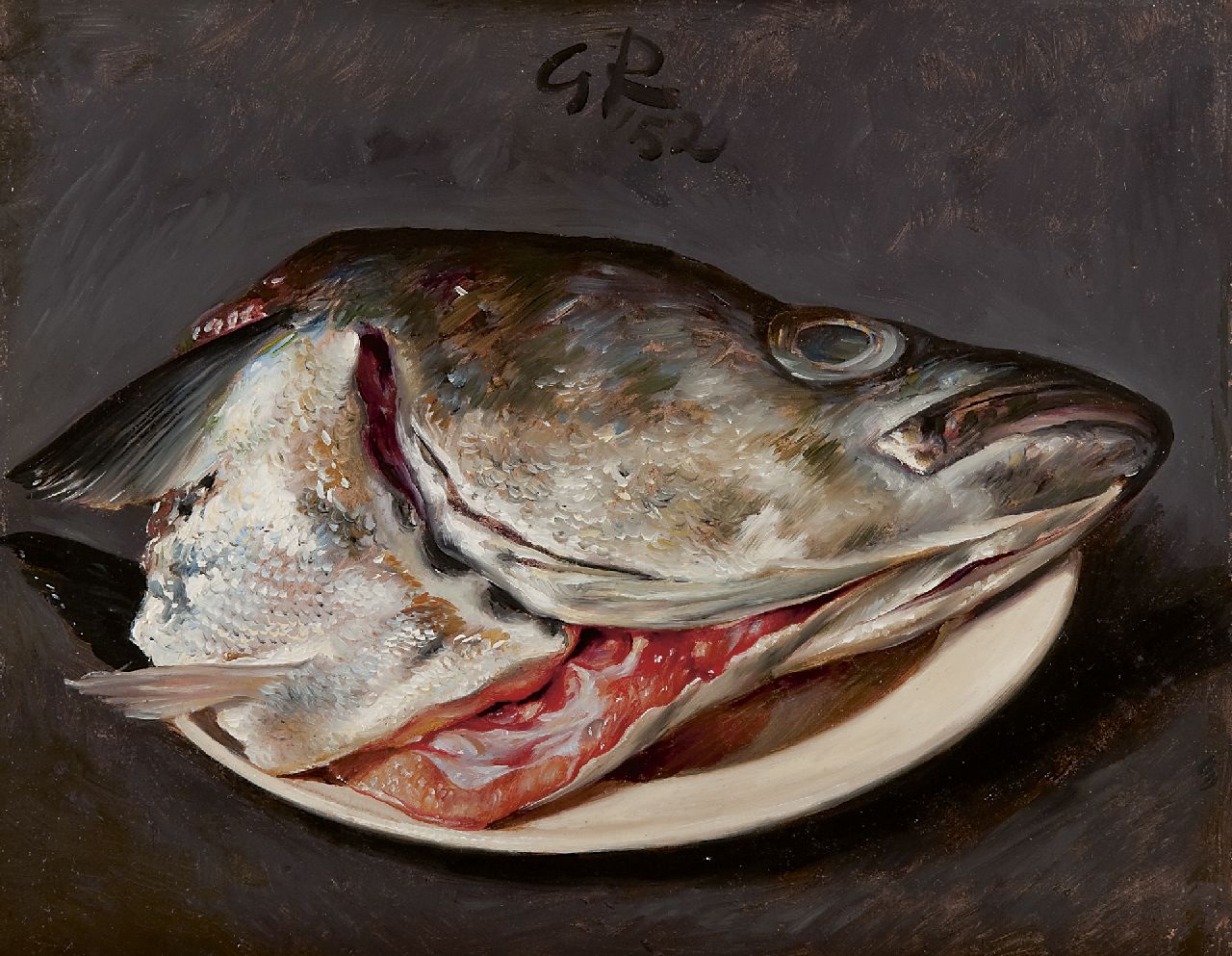 Röling G.V.A.  | Gerard Victor Alphons 'Gé' Röling | Paintings offered for sale | A salmon head on a plate, oil on board 25.1 x 30.3 cm, signed upper centre with initials and in full reverse and dated '52 and 1952 on the reverse