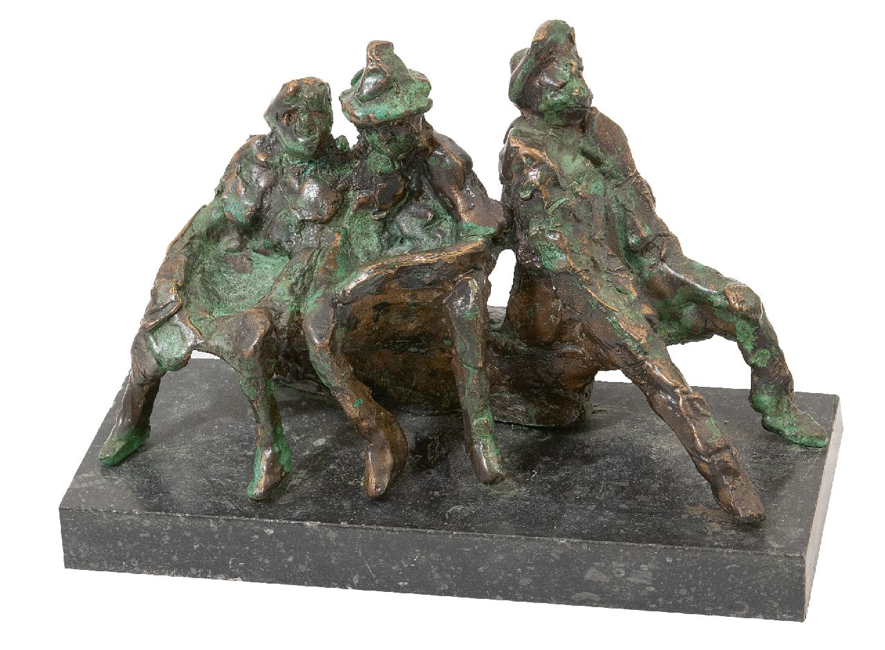 Bakker W.F.  | Willem Frederik 'Jits' Bakker | Sculptures and objects offered for sale | Three figures on a bench, bronze 11.5 x 18.1 cm, signed on rear side of bench