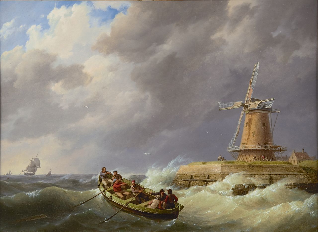 Koekkoek J.H.  | Johannes Hermanus Koekkoek, A rowing boat in a storm near a harbour, oil on panel 37.3 x 50.5 cm, signed l.l. and dated 1844