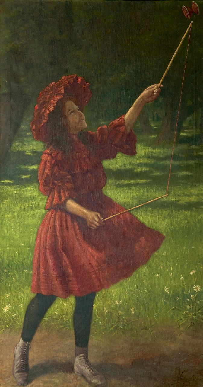 Schiavon V.  | Vittorio Schiavon, A girl with a diabolo, oil on canvas 155.1 x 81.5 cm, signed l.r.