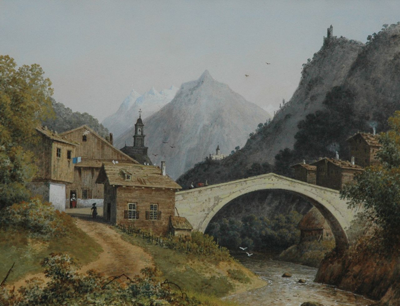 Knip J.A.  | Josephus Augustus Knip, A view of a bridge near the Monte Cervino, Switzerland, watercolour and gouache on paper 22.1 x 29.1 cm, gedateerd op loden beschermblad Junij 1842