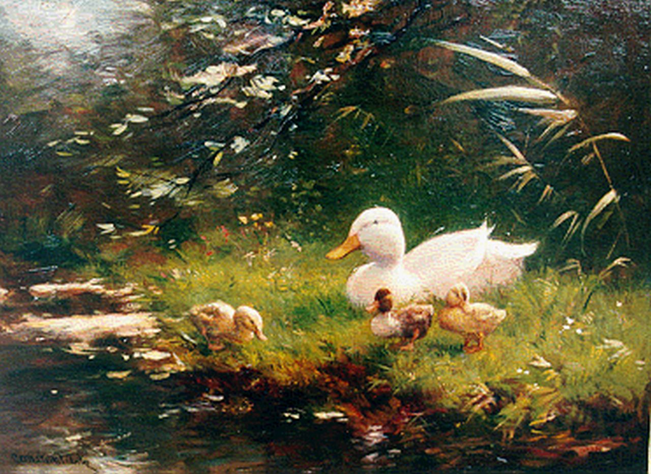 Artz C.D.L.  | 'Constant' David Ludovic Artz, Hen and three ducklings on the riverbank, oil on panel 26.7 x 36.0 cm, signed l.l.