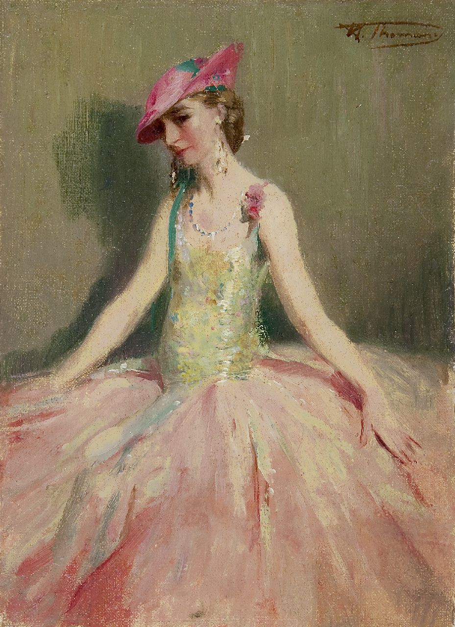 Thomas H.J.  | Henri Joseph Thomas, A lady in pink dress, oil on panel 24.3 x 17.8 cm, signed u.l.