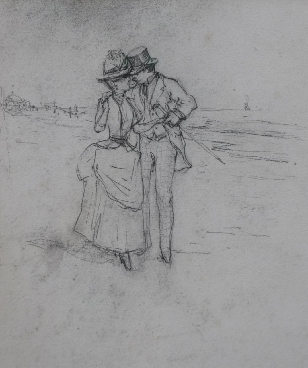 Kaemmerer F.H.  | Frederik Hendrik Kaemmerer, Courtship on the beach of Scheveningen, black chalk on paper 31.9 x 33.1 cm, executed ca. 1885-1902
