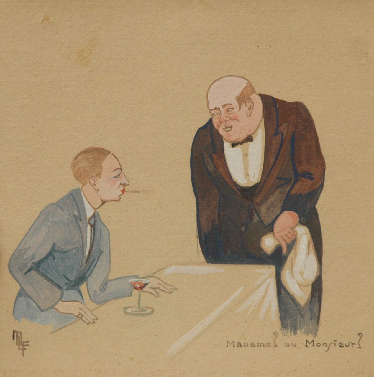 Flize M. la | Maurice la Flize, Madame? ou Monsieur?, watercolour and gouache on cardboard 22.3 x 22.4 cm, signed l.l. with monogram