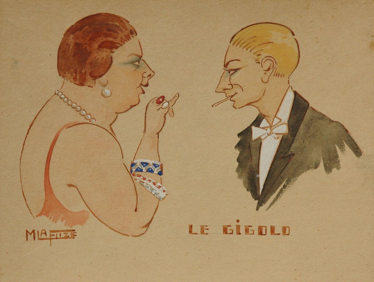 Flize M. la | Maurice la Flize, Le gigolo, watercolour and gouache on paper on cardboard 17.4 x 22.9 cm, signed l.l.