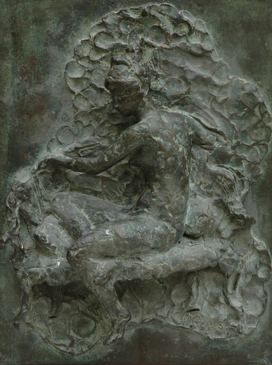 Starreveld P.  | Pieter Starreveld, Ingrid on a bench, bronze 43.5 x 33.6 cm, dated 4 sept. ['51?]