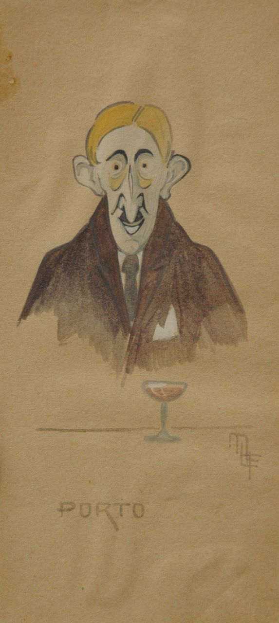 Flize M. la | Maurice la Flize, The lover of porto, watercolour on paper laid down on cardboard 20.6 x 10.0 cm, signed l.r. with monogram