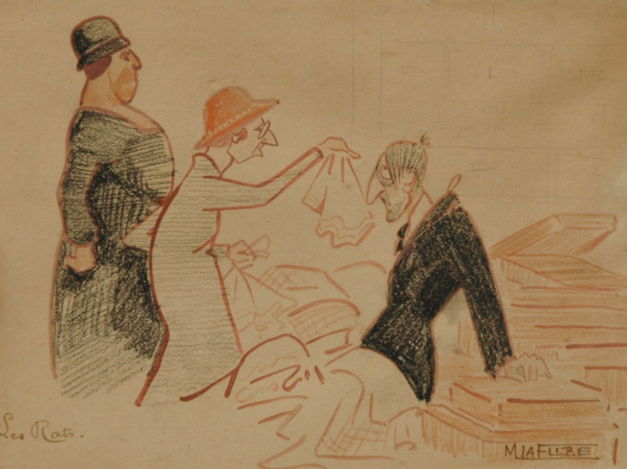 Flize M. la | Maurice la Flize, The snatchers, chalk and watercolour on paper 17.4 x 23.9 cm, signed l.r.