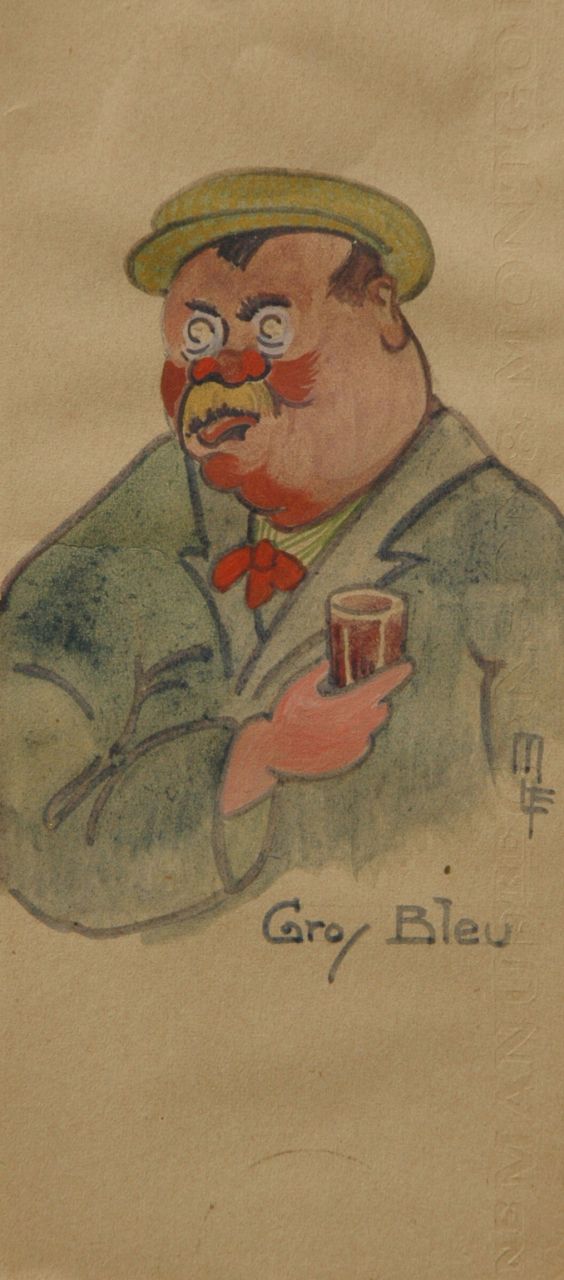 Flize M. la | Maurice la Flize, The last drink, watercolour on paper laid down on cardboard 22.3 x 9.3 cm, signed l.r. with monogram