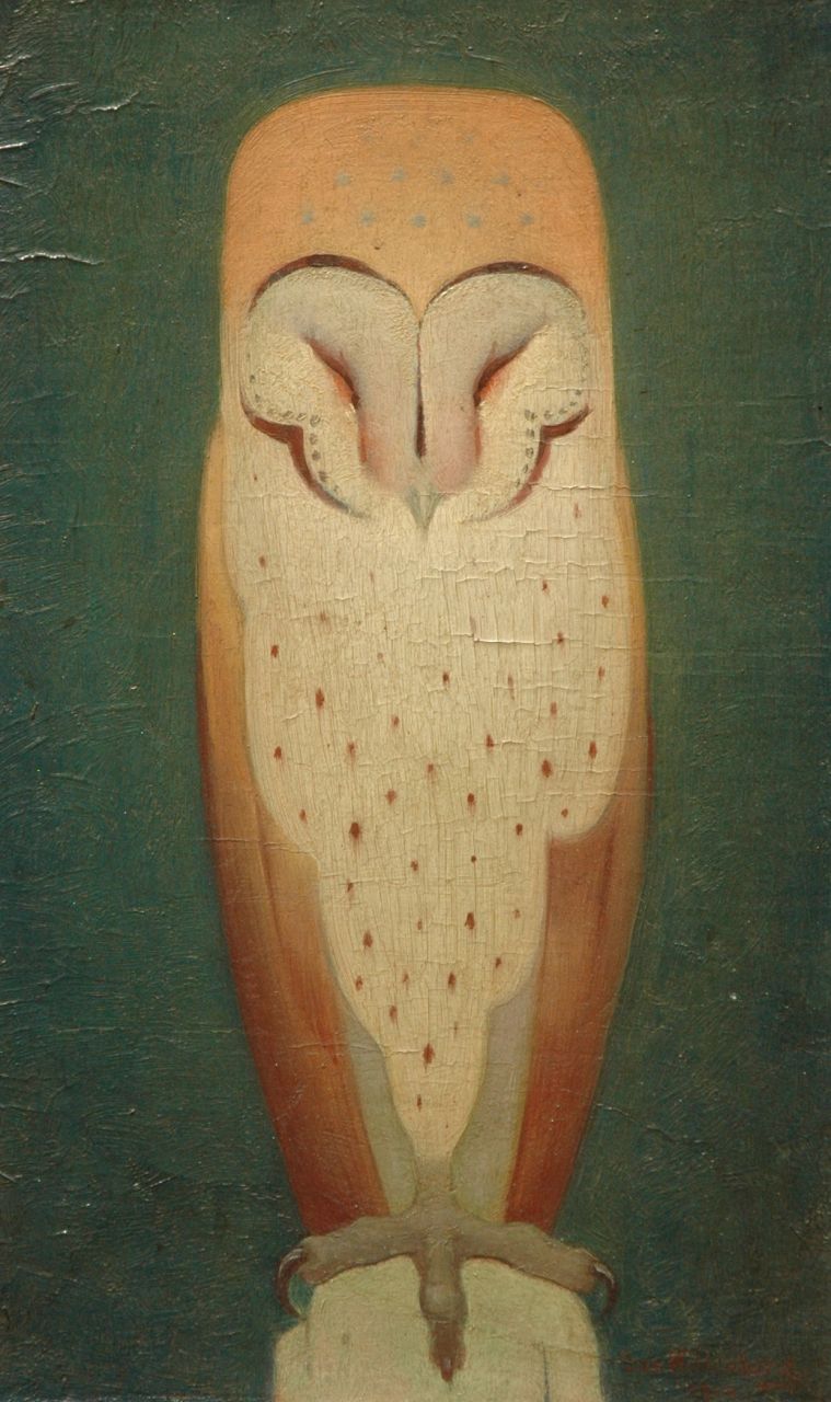 Wittenberg J.H.W.  | 'Jan' Hendrik Willem Wittenberg, Owl, oil on cardboard laid down on panel 30.0 x 20.0 cm, signed l.r. and dated 1919