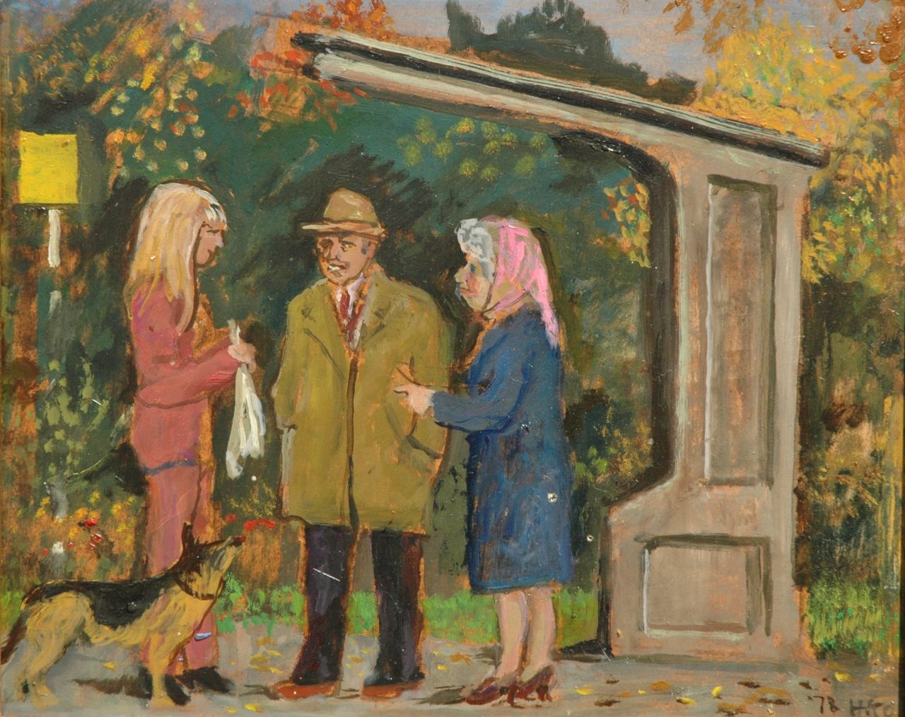 Kamerlingh Onnes H.H.  | 'Harm' Henrick Kamerlingh Onnes, A talk at the busstop, oil on board 27.2 x 33.5 cm, signed l.r. with monogram and dated '78