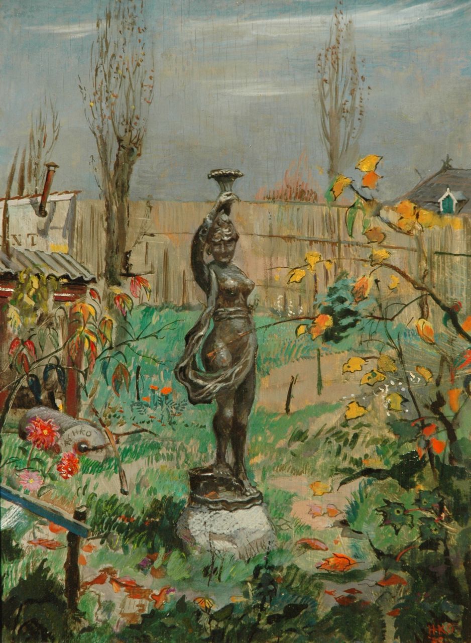 Kamerlingh Onnes H.H.  | 'Harm' Henrick Kamerlingh Onnes, A sculpture in the garden, oil on panel 37.2 x 27.2 cm, signed with monogram l.r. and l.c. and dated '45 l.r. and '46 l.c.