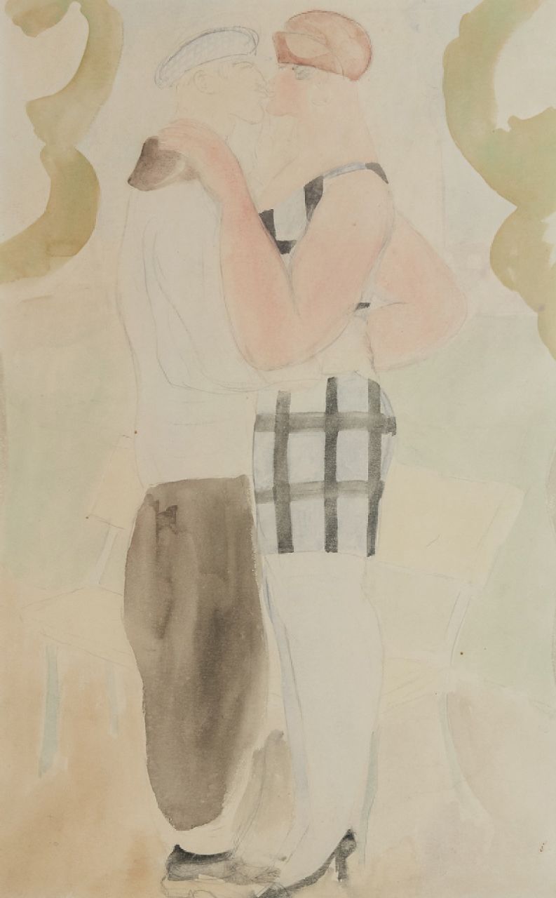 Erfmann F.G.  | 'Ferdinand' George Erfmann | Watercolours and drawings offered for sale | The kiss, pencil and watercolour on paper 50.0 x 32.7 cm