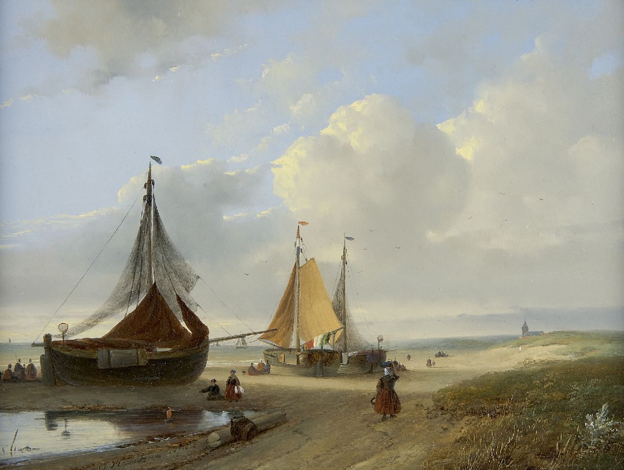 Hoppenbrouwers J.F.  | Johannes Franciscus Hoppenbrouwers, Fishing boats on the beach, oil on panel 28.4 x 37.4 cm, signed l.l. and dated 1853