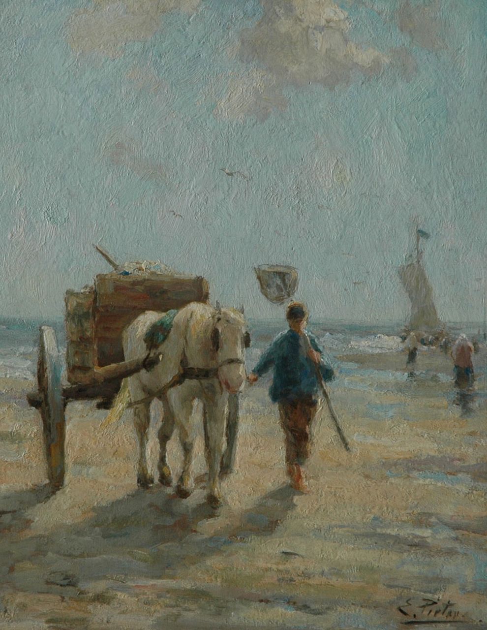 Pieters E.  | Evert Pieters, A fisherman at the beach, Katwijk, oil on panel 40.0 x 31.2 cm, signed l.r.