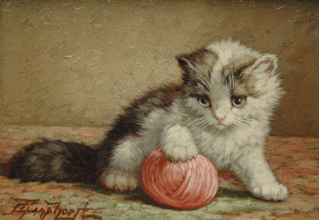 Raaphorst C.  | Cornelis Raaphorst, Kitten with ball of wool, oil on panel 13.5 x 18.4 cm, signed l.l.