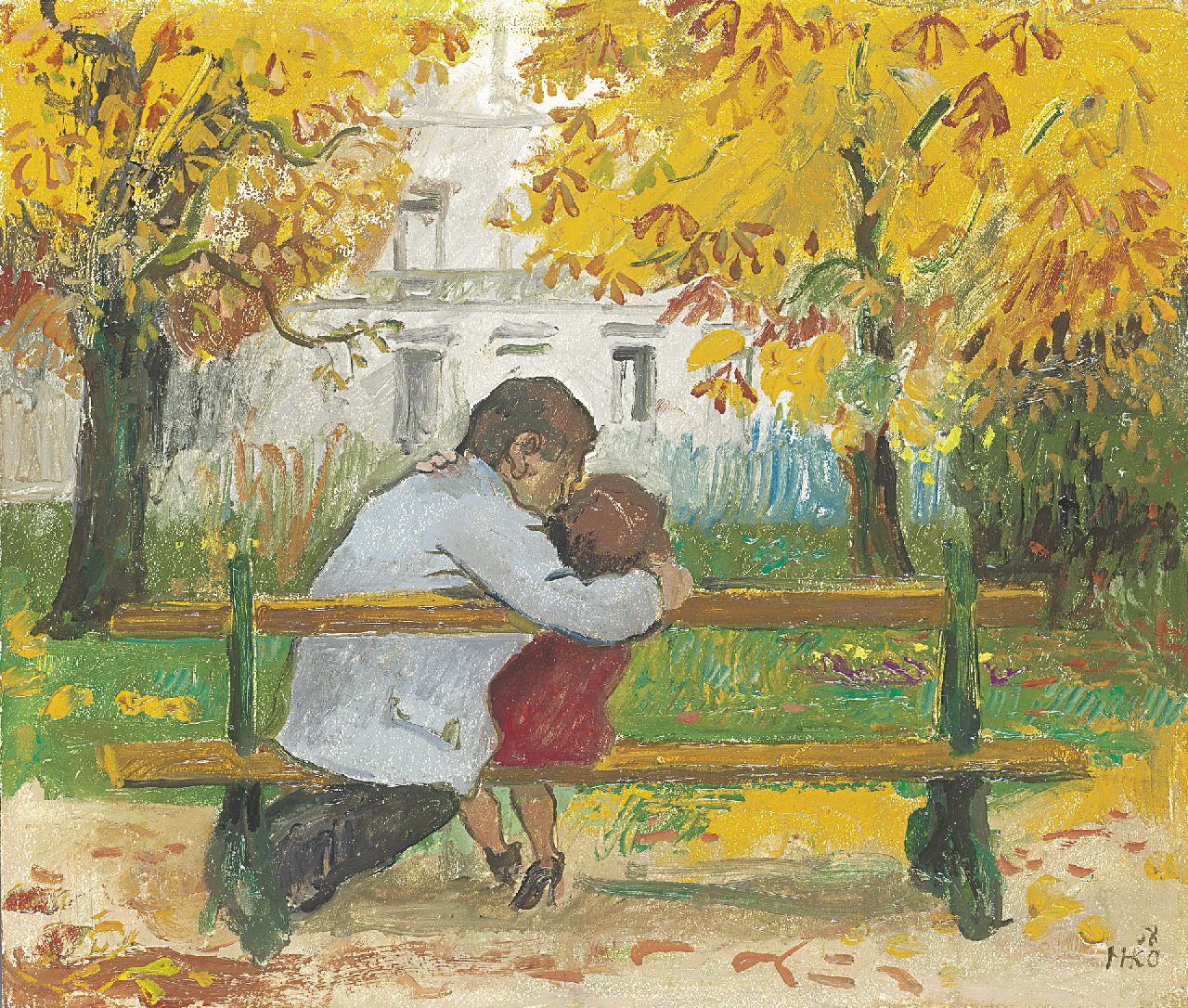Kamerlingh Onnes H.H.  | 'Harm' Henrick Kamerlingh Onnes, Kissing couple in the park, oil on board 34.0 x 39.9 cm, signed l.r. with monogram and dated '58