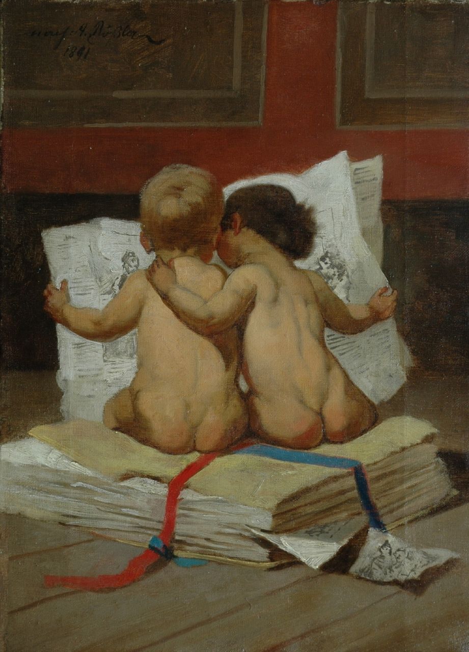 Rössler (mogelijk August Rössler) A.  | Rössler (mogelijk August Rössler), Reading the newspaper, oil on canvas 34.7 x 25.3 cm, signed u.l. and dated 1891