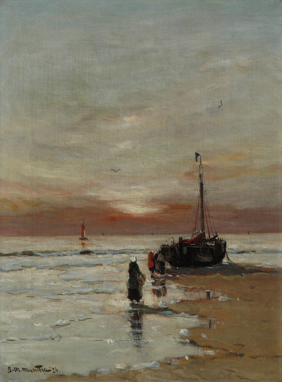 Munthe G.A.L.  | Gerhard Arij Ludwig 'Morgenstjerne' Munthe, Fisher women on the beach at sunset, oil on canvas 40.3 x 30.4 cm, signed l.l. and dated '24