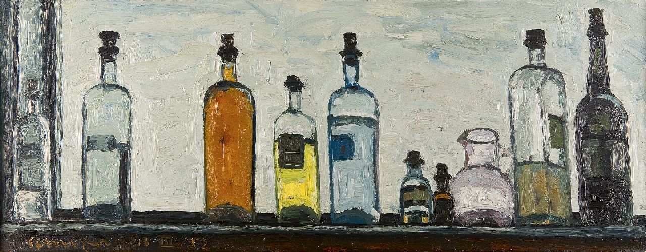 Willem Schrofer | Still life with bottles, oil on canvas, 36.8 x 95.1 cm, signed l.l. and executed on 13-III-'52