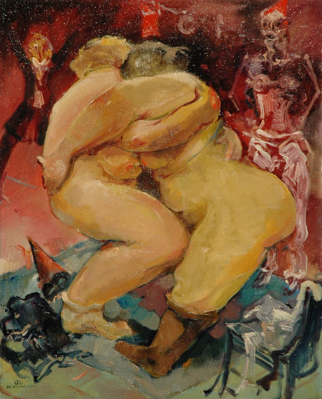Rycke L. de | Lucien 'Luc' de Rycke | Paintings offered for sale | Ladies wrestling, oil on canvas 50.3 x 40.4 cm, signed l.l. with monogram and in full and painted ca. 1930