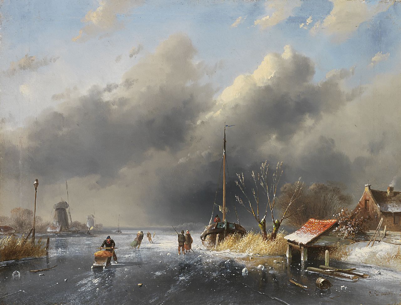 Leickert C.H.J.  | 'Charles' Henri Joseph Leickert, Skaters on a frozen river, oil on panel 26.8 x 35.5 cm, signed l.r.