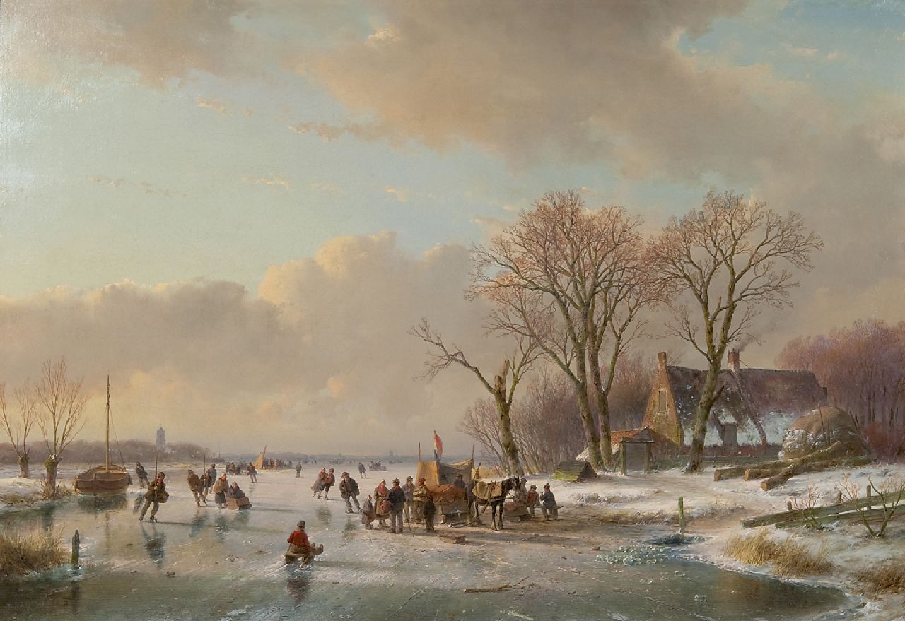 Schelfhout A.  | Andreas Schelfhout, Skaters on a frozen river, oil on canvas 65.3 x 93.1 cm, signed l.l. and painted ca. 1850-1860