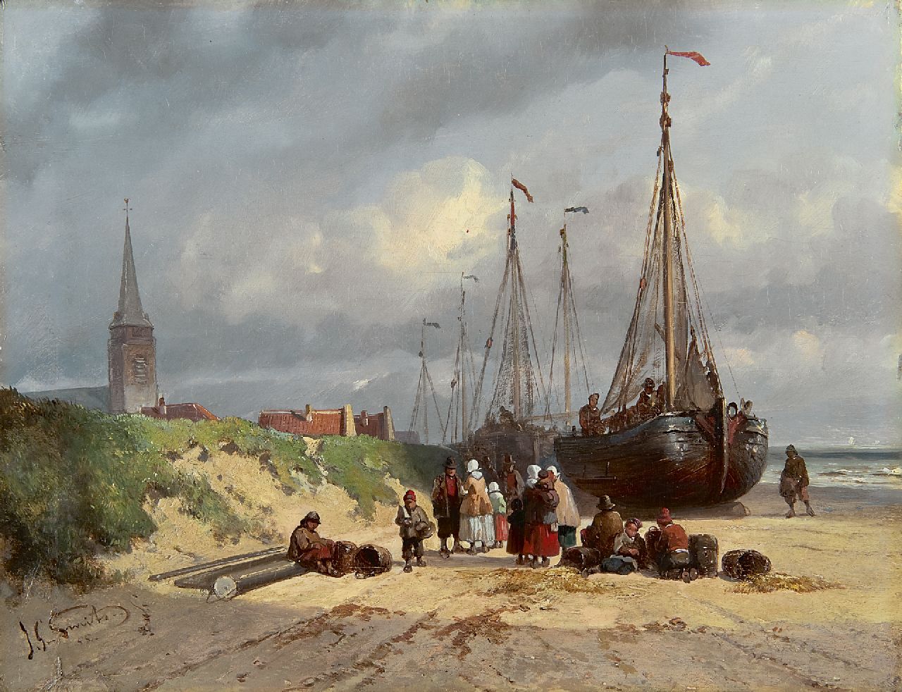 Smits J.G.  | Jan Gerard Smits, Sailing vessels and fishermen on the beach of Scheveningen, oil on panel 22.4 x 29.4 cm, signed l.l. and dated '55