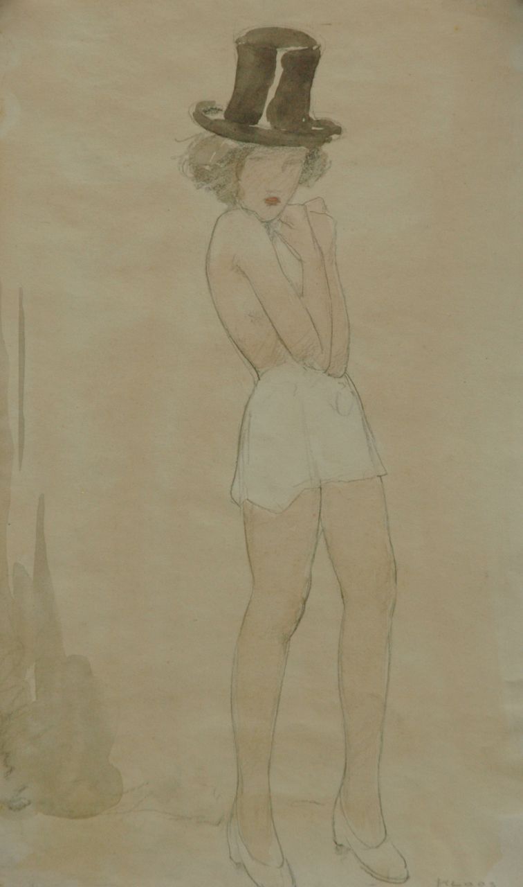 Kloos C.  | Cornelis Kloos, Nude with a top hat and a white skirt, pencil and watercolour on paper 30.7 x 17.9 cm, signed l.r. and executed on 15-10-1941