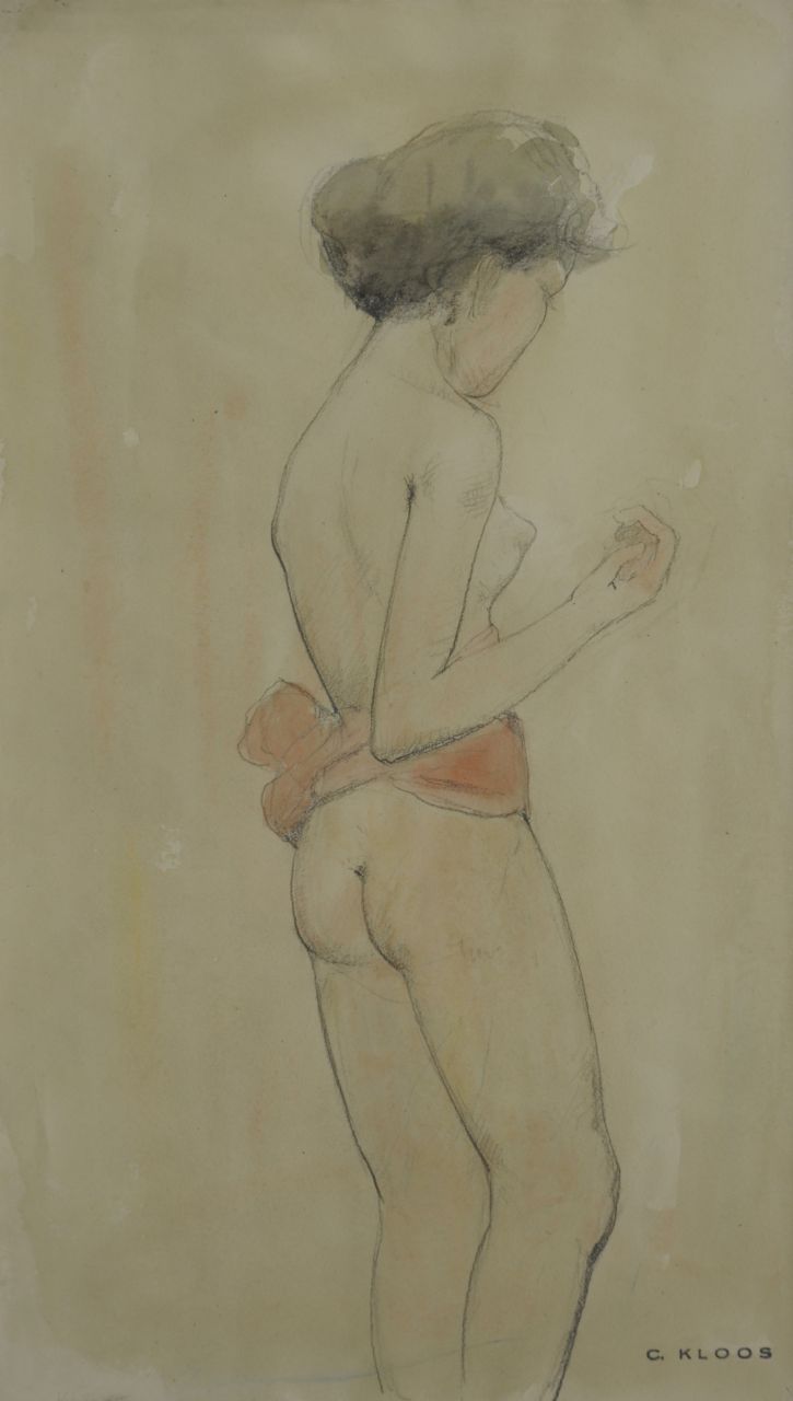 Kloos C.  | Cornelis Kloos, Nude with a red shawl, pencil and watercolour on paper 30.7 x 17.9 cm, signed l.r. with artiost's stamp and executed on 16-2-1942