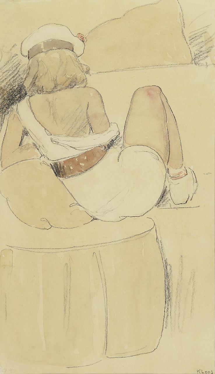 Kloos C.  | Cornelis Kloos, A young woman in a white dress and a beret, pencil and watercolour on paper 31.1 x 17.9 cm, signed l.r.