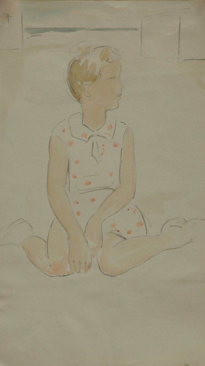 Kloos C.  | Cornelis Kloos | Watercolours and drawings offered for sale | Girl in a red dotted dress, pencil and watercolour on paper 30.8 x 17.9 cm, signed l.r.