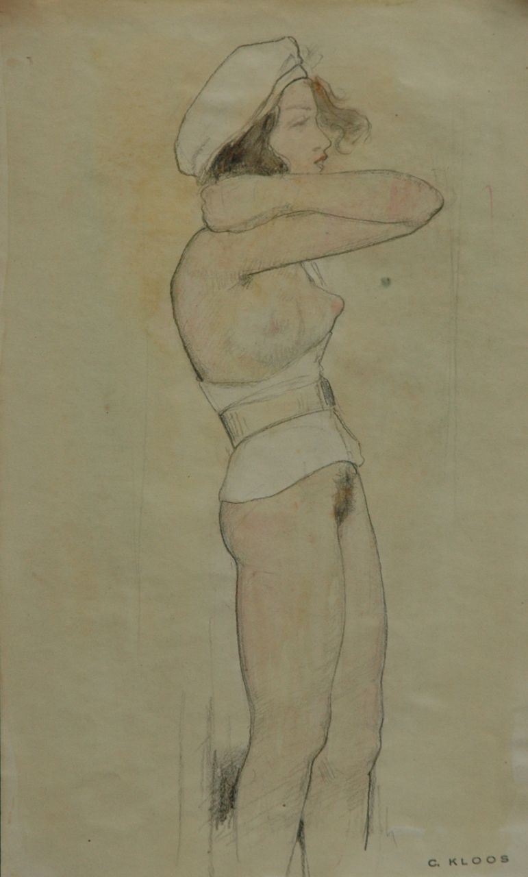 Kloos C.  | Cornelis Kloos, Nude with white jacket and white beret, pencil and watercolour on paper 30.3 x 18.0 cm, signed l.r. with artist's stamp and executed on 12-2-1942