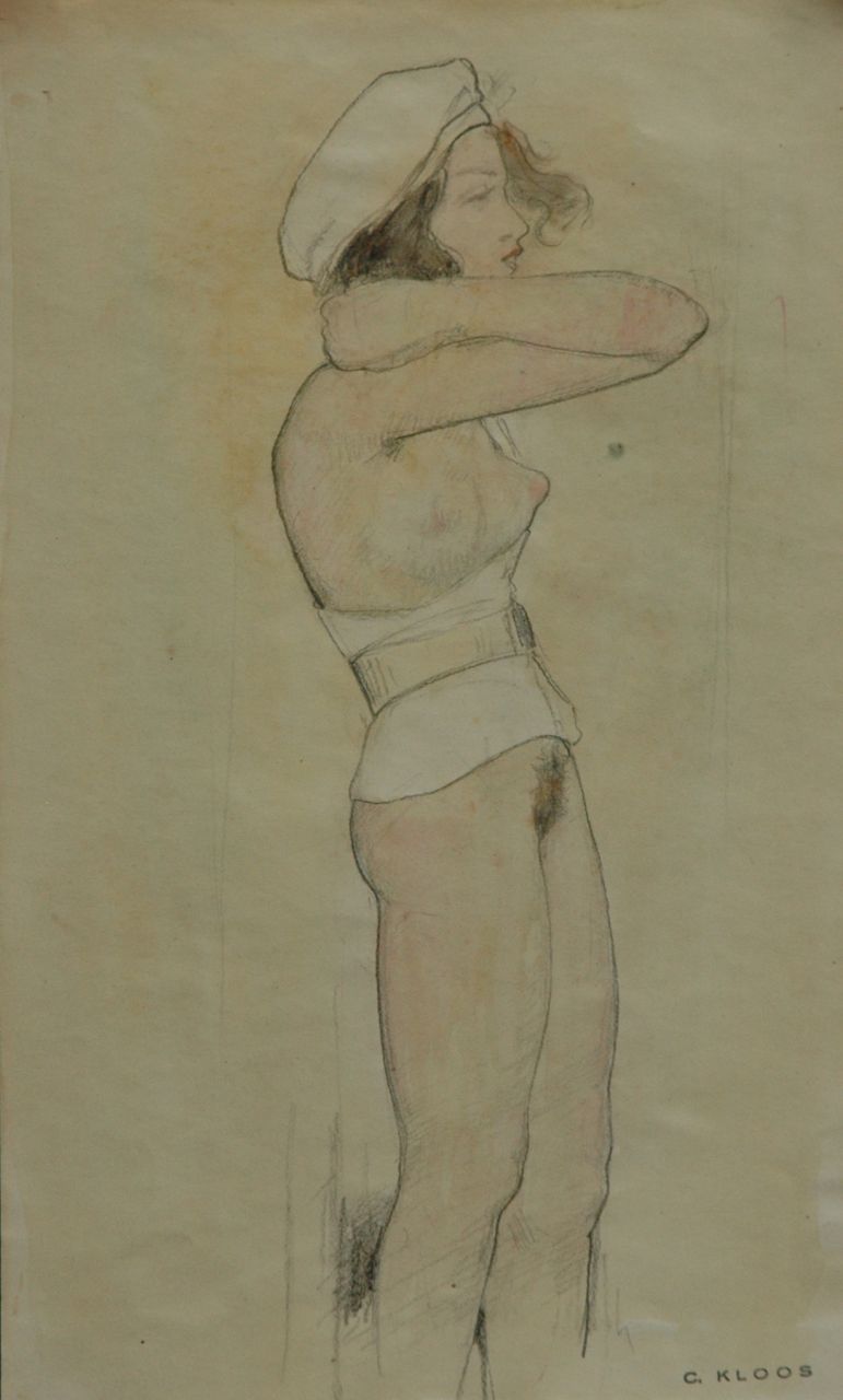 Kloos C.  | Cornelis Kloos, Nude with white jacket and white beret, pencil and watercolour on paper 30.3 x 18.0 cm, signed l.r. with artist's stamp and executed on 12-2-1942