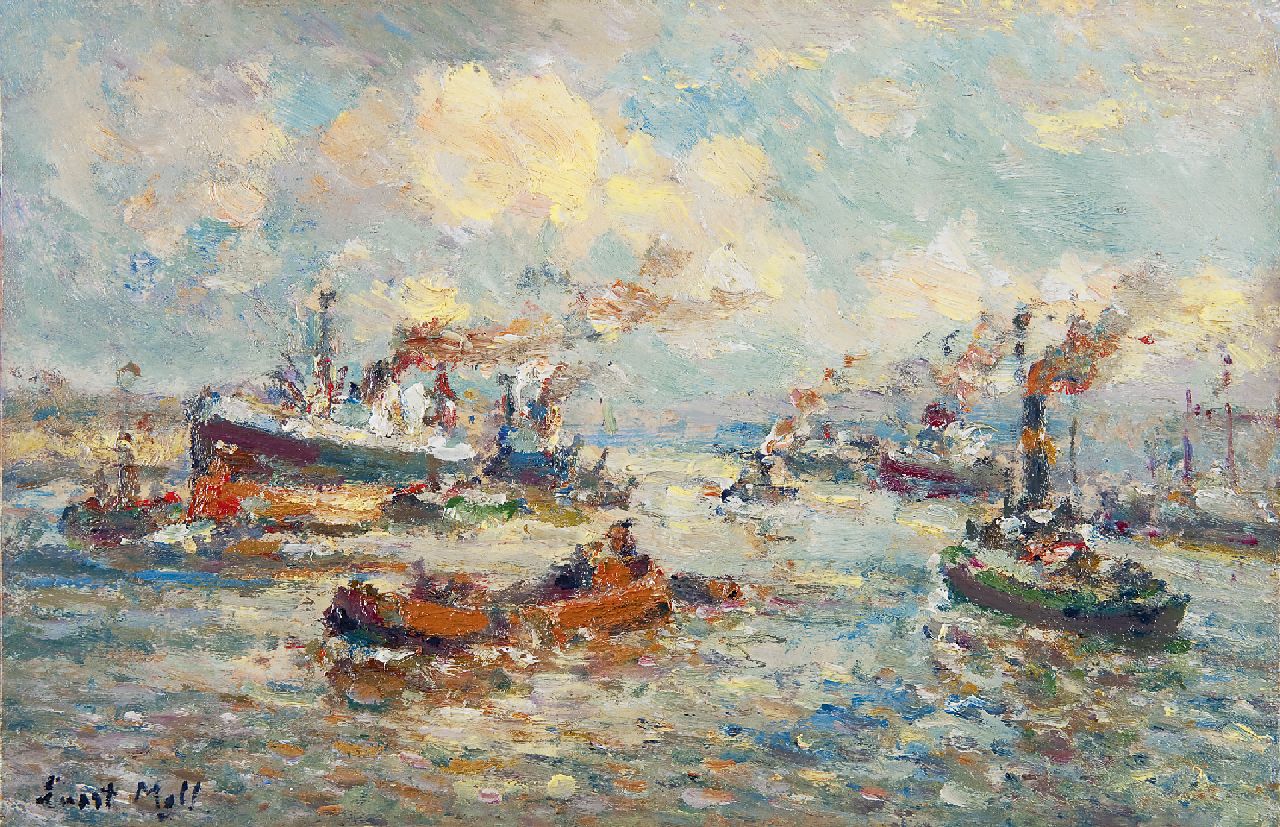 Moll E.  | Evert Moll | Paintings offered for sale | A Rotterdam harbour scene, oil on panel 23.0 x 35.0 cm, signed l.l.