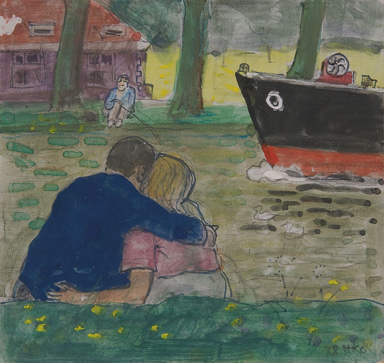 Kamerlingh Onnes H.H.  | 'Harm' Henrick Kamerlingh Onnes, A couple sitting on the banks of the Vliet in Delft, pen and watercolour on paper 15.0 x 15.8 cm, signed l.r. with monogram and dated '78