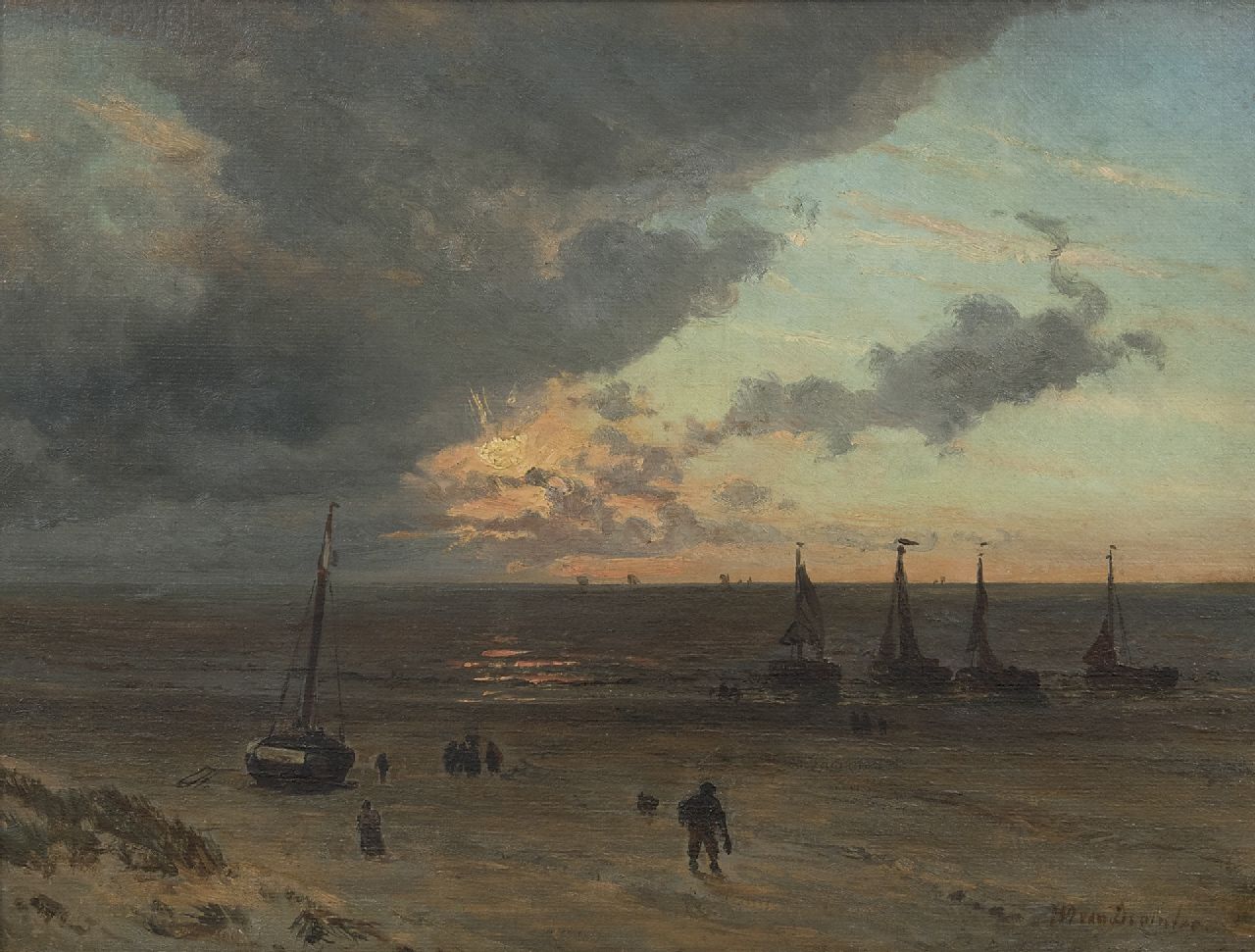 Deventer W.A. van | 'Willem' Anthonie van Deventer | Paintings offered for sale | A view of a beach with fishermen, oil on paper laid down on panel 32.0 x 41.6 cm, signed l.r.