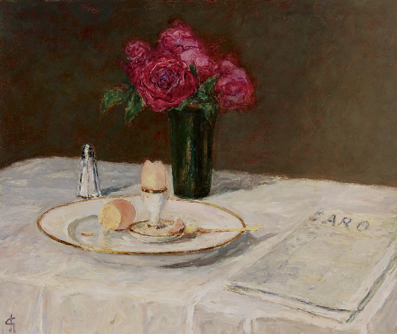Storm van 's-Gravesande C.N.  | Carel Nicolaas Storm van 's-Gravesande, A still life of the painter's breakfast table, Paris, oil on canvas laid down on board 46.0 x 55.1 cm, signed l.l. with monogram and in full on the reverse and dated on the reverse 1908