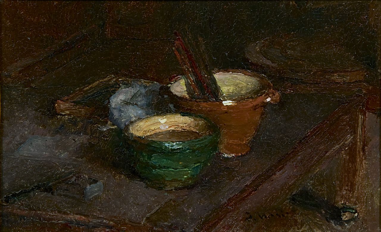 Maris J.H.  | Jacobus Hendricus 'Jacob' Maris, A still life with pottery, oil on panel 13.0 x 20.6 cm, signed c.r.