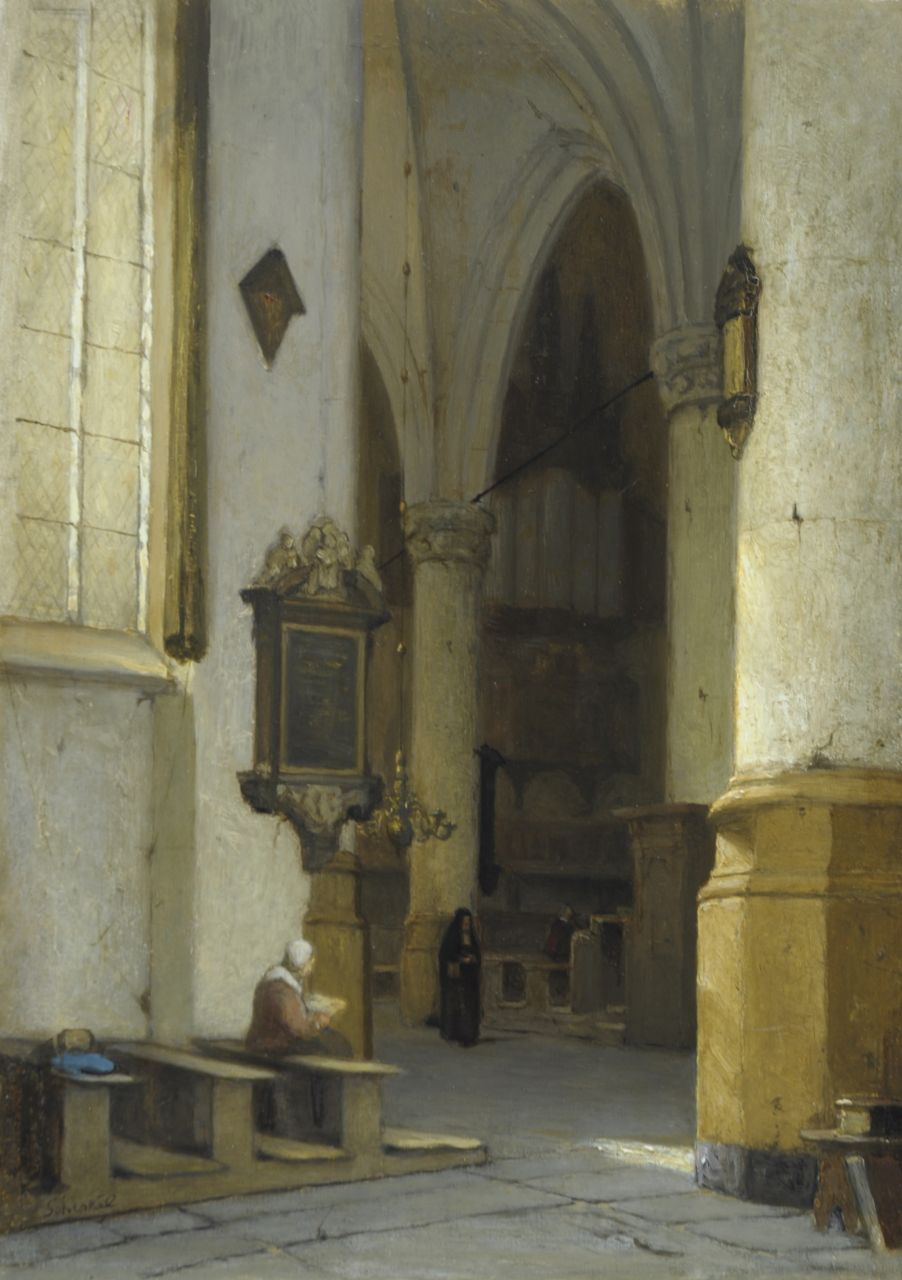 Schenkel J.J.  | Jan Jacob Schenkel, A Dutch church interior, oil on panel 39.5 x 28.6 cm, signed l.l.