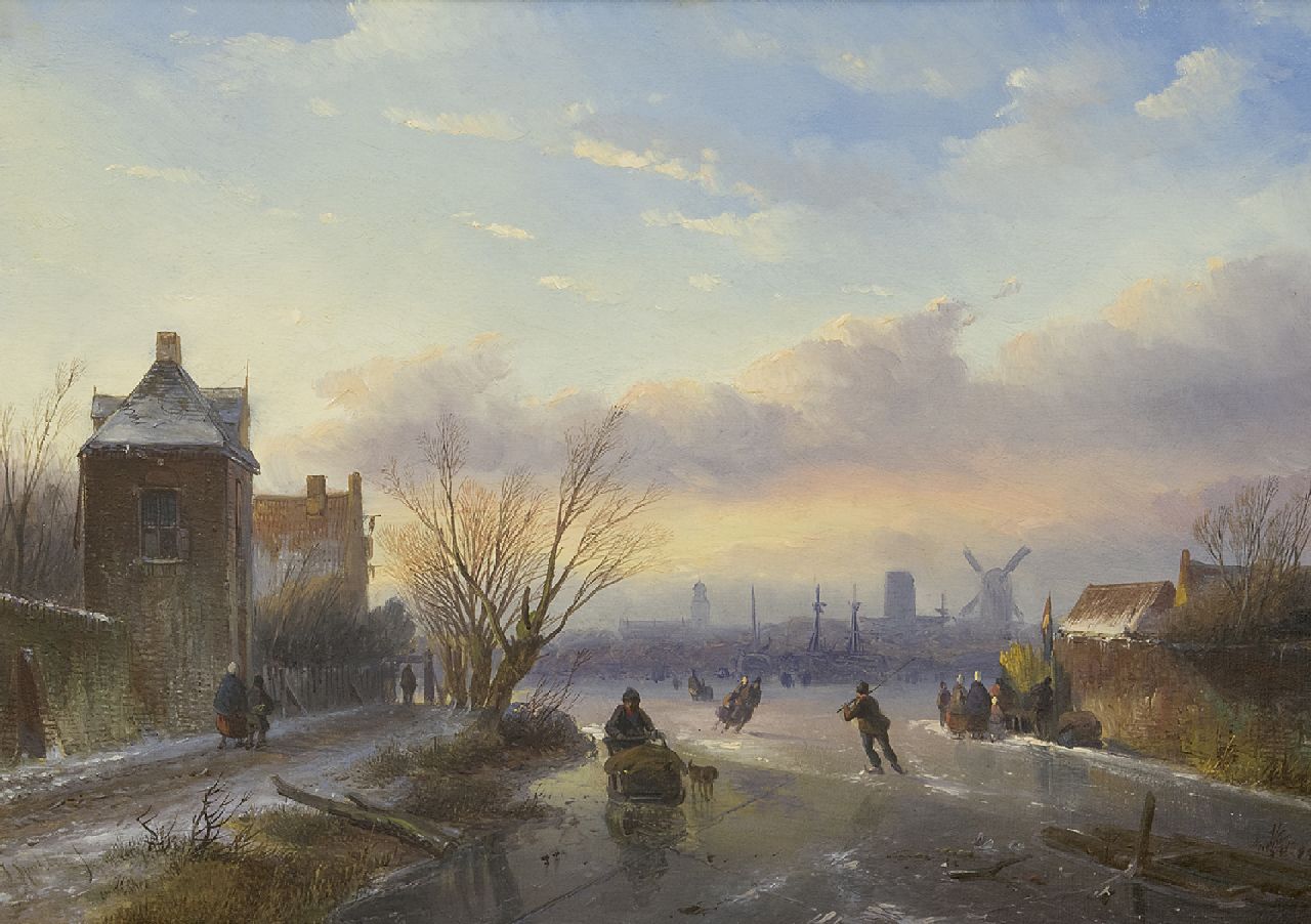 Spohler J.J.  | Jan Jacob Spohler, Skaters on a frozen river with a town in the distance, oil on panel 30.5 x 43.0 cm, signed l.l.