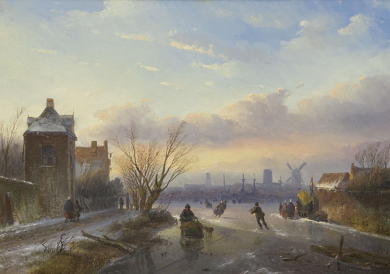 Spohler J.J.  | Jan Jacob Spohler, Skaters on a frozen river with a town in the distance, oil on panel 30.5 x 43.0 cm, signed l.l.