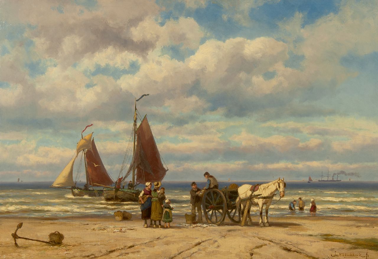 Koekkoek J.H.B.  | Johannes Hermanus Barend 'Jan H.B.' Koekkoek, Unloading the catch, oil on canvas 56.1 x 81.1 cm, signed l.r.
