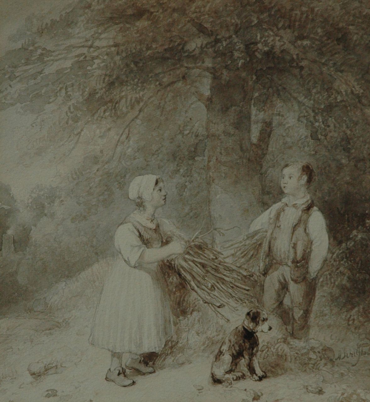 Schelfhout A.  | Andreas Schelfhout, Children collecting firewood, washed ink on paper 21.3 x 19.2 cm, signed l.r.