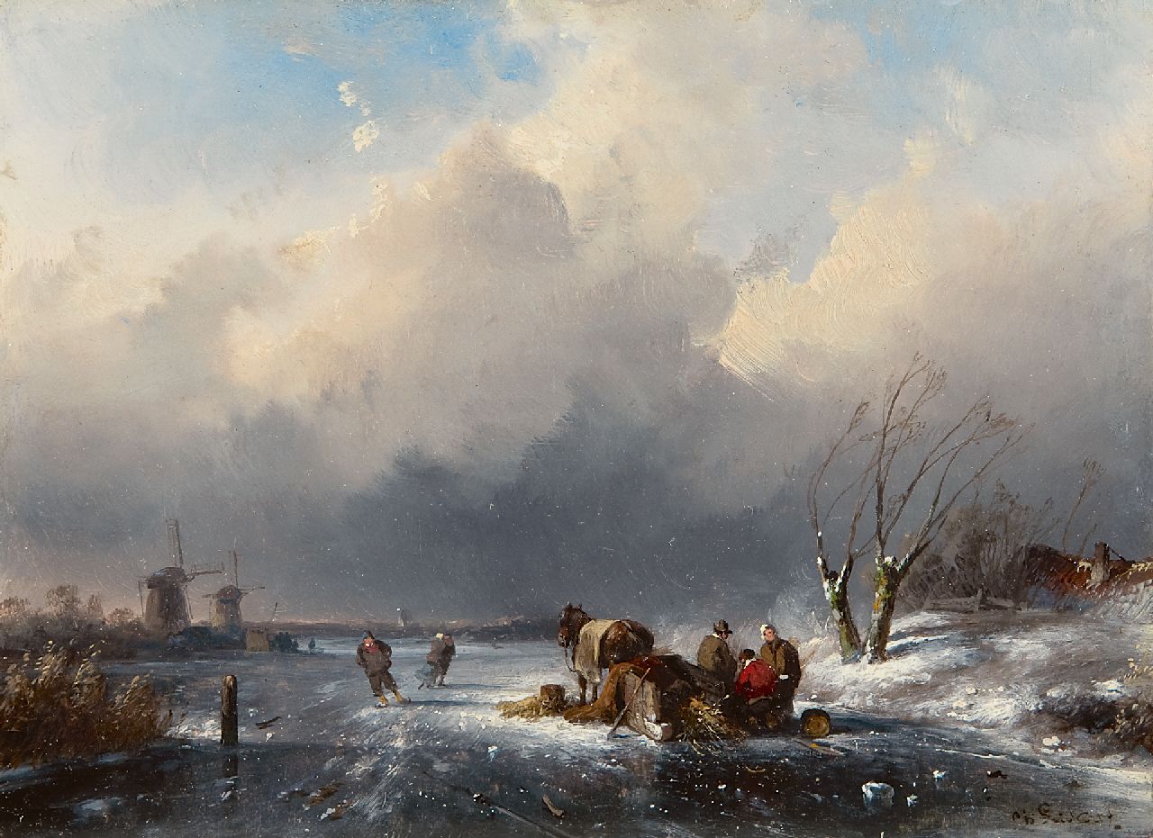 Leickert C.H.J.  | 'Charles' Henri Joseph Leickert, Land folk by a sledge on a frozen river, oil on panel 15.2 x 20.7 cm, signed l.r.