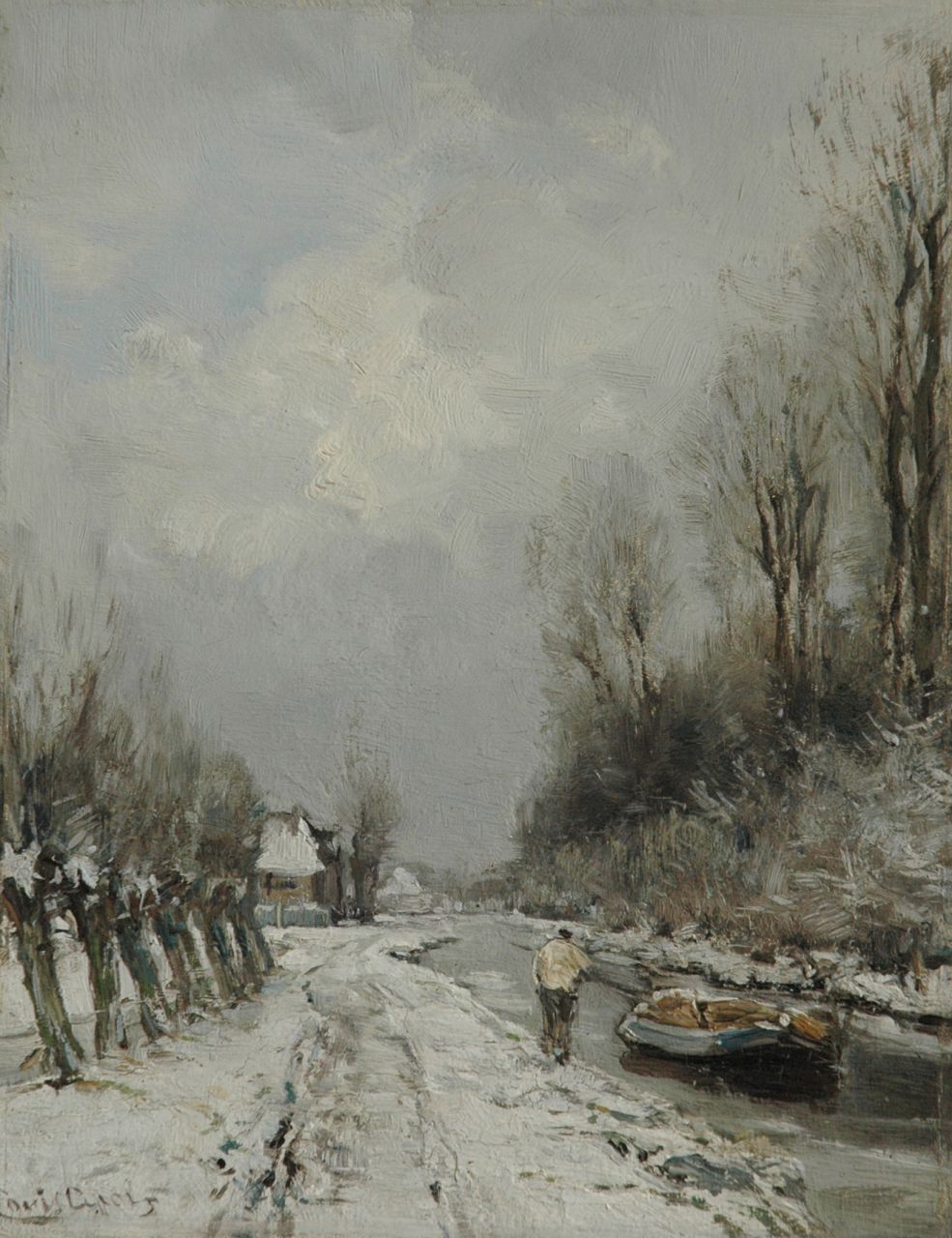 Apol L.F.H.  | Lodewijk Franciscus Hendrik 'Louis' Apol, A canal in the snow, oil on panel 28.1 x 21.9 cm, signed l.l.